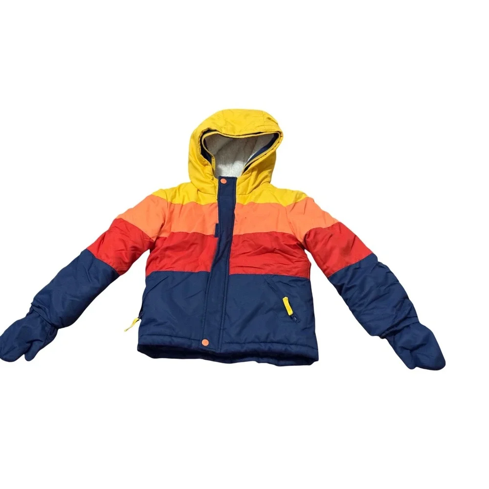 Cat & Jack Kids Puffer Jacket Navy Red Orange Yellow Striped Hooded Size 7